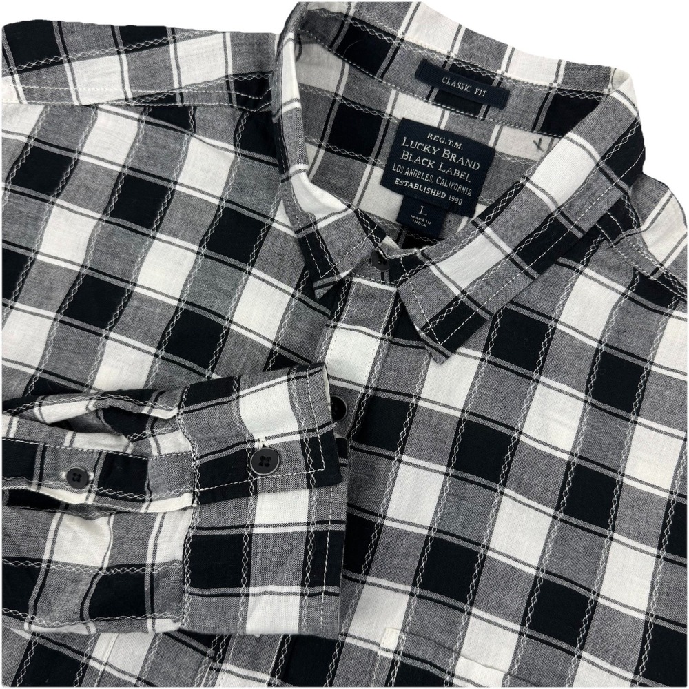 LUCKY BRAND Black Label Mens long sleeve button shirt Black/White Windowpane - L